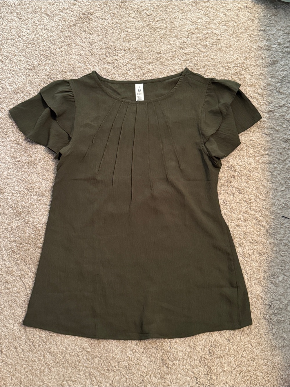 Women’s Olive Green Flutter Sleeve Blouse with Pintuck Front